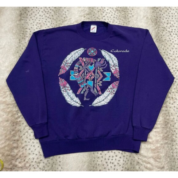 VTG Kokopelli Graphic Colorado Crewneck Sweater Purple Size L USA Made - Picture 1 of 7